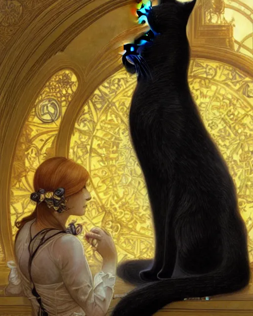Prompt: Portrait of a giant black cat with yellow eyes and a sleeping blonde lady in Lisbon, real life skin, intricate, elegant, highly detailed, artstation, concept art, smooth, sharp focus, art by artgerm and greg rutkowski and alphonse mucha
