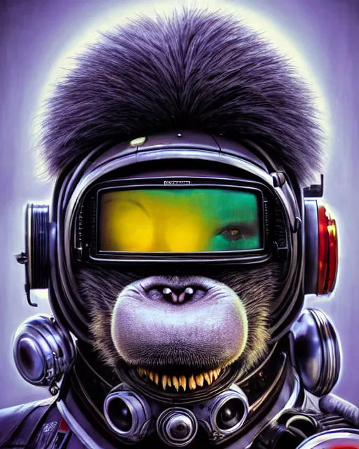 Image similar to a portrait of an anthropomorphic cyberpunk baboon in a crash helmet by sandra chevrier, detailed render, tape deck, epic composition, cybernetics, 4 k realistic, cryengine, realistic shaded lighting, sharp focus, masterpiece, by matteo scalera, gary montalbano, peter elson in the style of the tokyo ghost comic