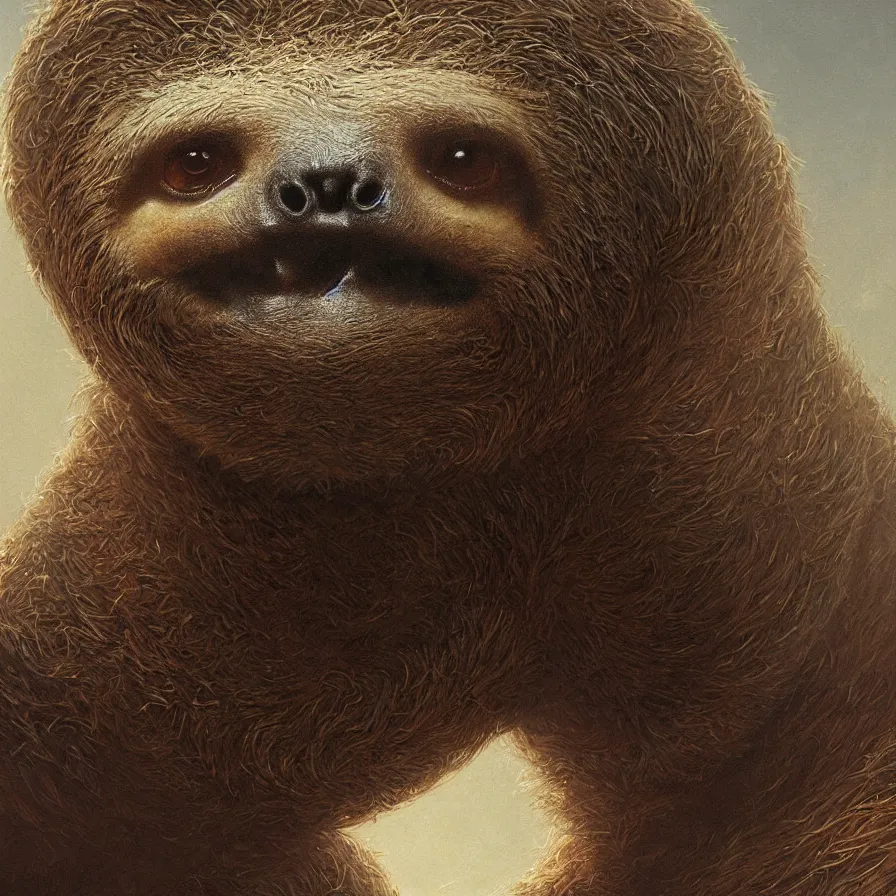 Image similar to close portrait of a sloth, high detail, dramatic light, digital art, painted by greg rutkowski, painted by seb mckinnon, trending on artstation