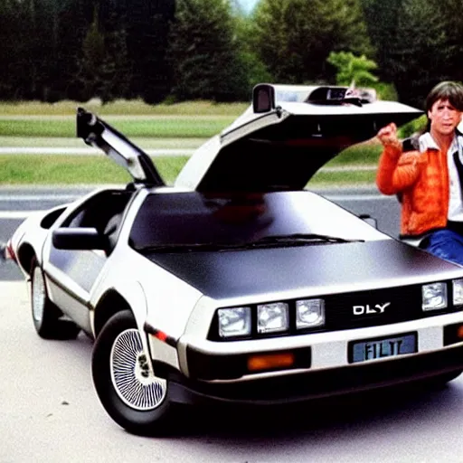 Image similar to Marty McFly listening to music with the Delorean, 80s style