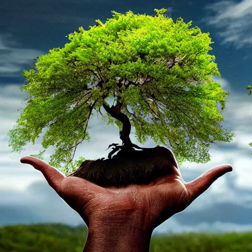 Image similar to A handpalm with a tree growing on top of it