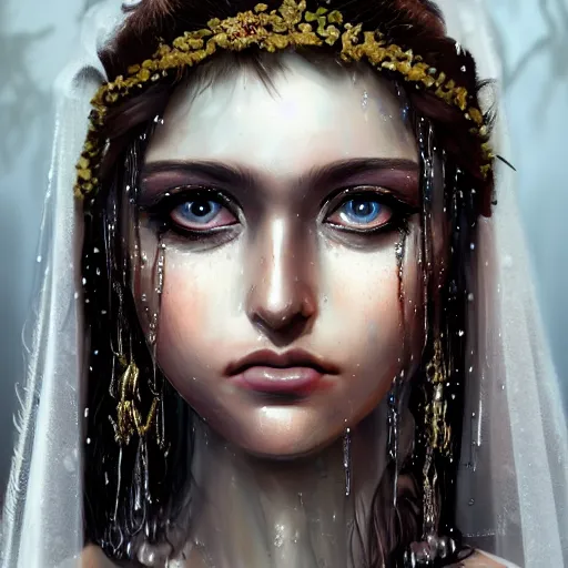 Prompt: ilyana vyulnika as a young wet bride in the dark, heavy makeup, crying eyes, tears, leaked mascara, lipgloss, portrait, closeup, cute freckles, gloss effects, and exaggerated proportions, intricate jewelry, after rain, digital art by julia razumova and mel milton, trending on artstation, 4 k high quality