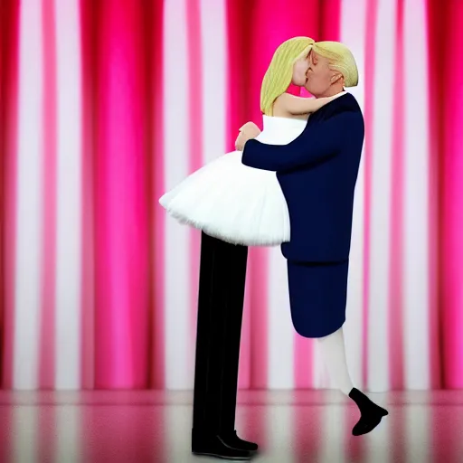Image similar to Donald trump in a pink tutu, kissing Joe Biden, hyper realistic, 4k, 8k, White House, kissing