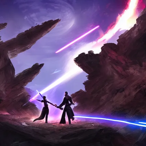 Image similar to a duel between 2 jedis standing in the ruins of crux prime, destroyed monastery, purple fiery maelstrom in the distance, digital art, artstationhq