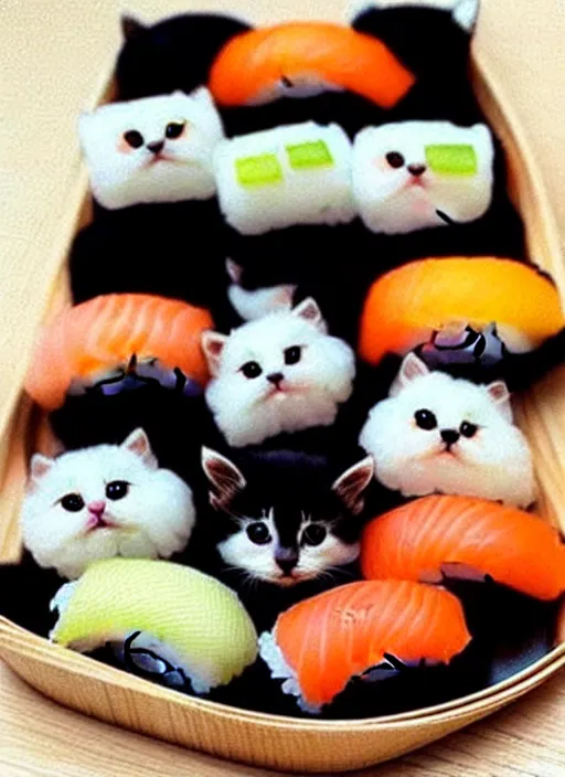 Image similar to clear photorealistic picture of adorable kittens made out of sushi