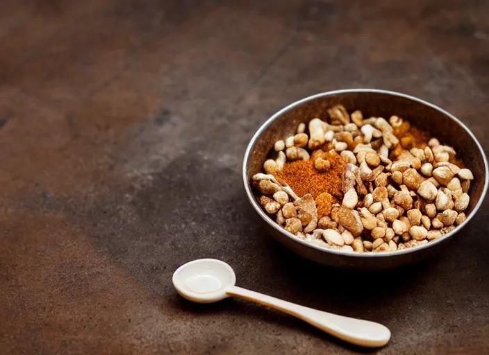 Prompt: dslr food photograph of a a bowl filled with rusty nails and milk with a spoon placed on the table next to it, 8 5 mm f 1. 8