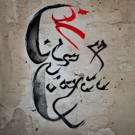Prompt: arabic calligraphy, transylvanian folk art, in the style of graffiti, made by banksy