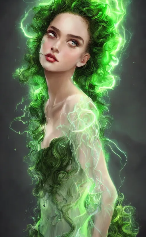 Image similar to a young woman with wild, curly hair and bright green eyes. she's wearing a flowing dress made of light, airy fabric and she has a mischievous look on her face, dynamic lighting, photorealistic fantasy concept art, trending on art station, stunning visuals, creative, cinematic, ultra detailed