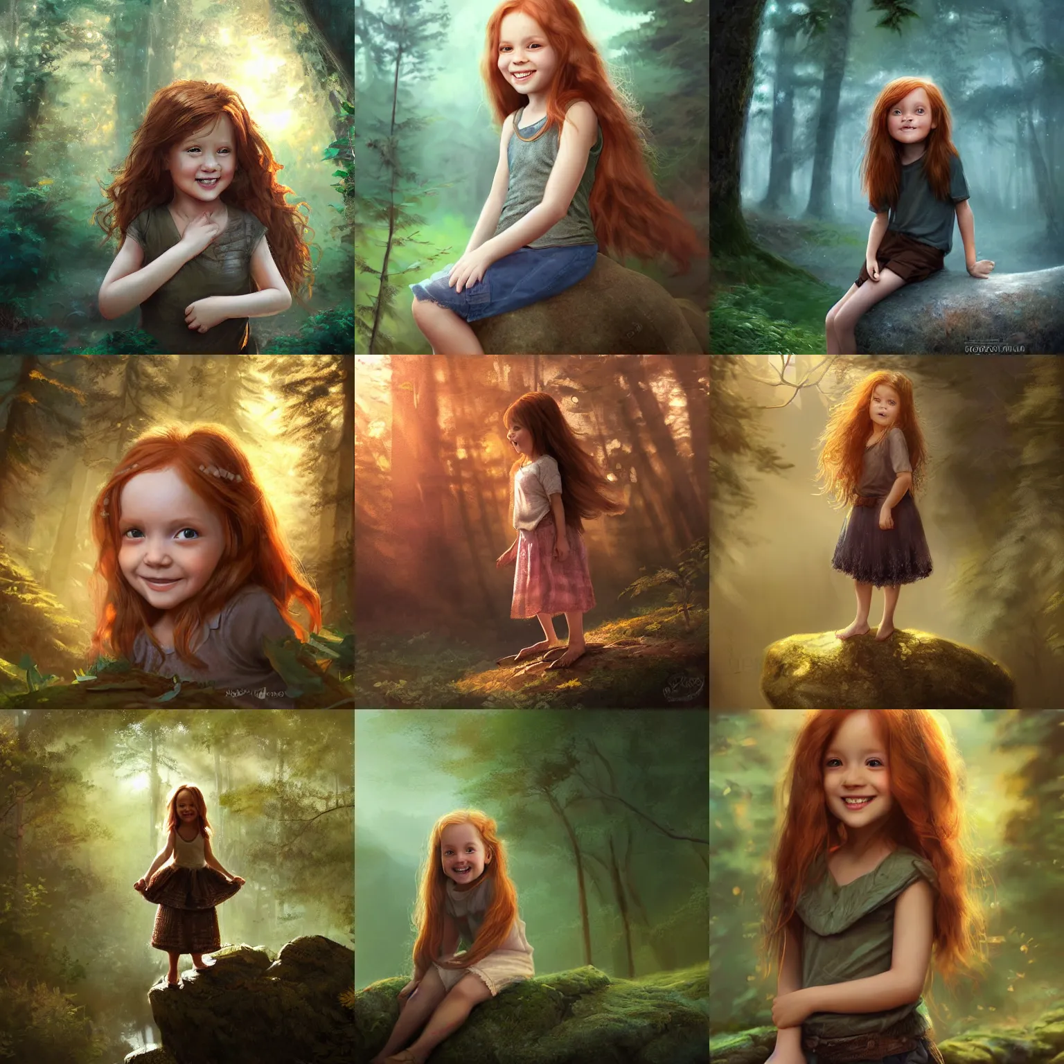Prompt: beautiful 5 year old girl with long ginger hair and brown eyes, smiling and standing on a rock in the forest. warm atmospheric lighting. highly detailed digital painting by ross tran.