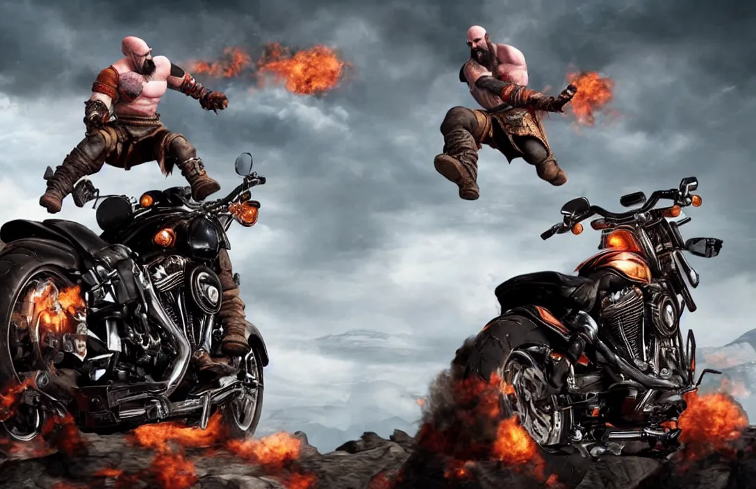Image similar to kratos jumping a black harley - davidson motorcycle off a cliff, cinematic render, playstation studios official media, god of war 2 0 1 8, flames, centered