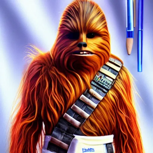 Image similar to chewbacca dressed in a medical gown in laboratory, vivid color, highly detailed, digital painting, artstation, concept art, matte, sharp focus, impressionnisme, art by artgem