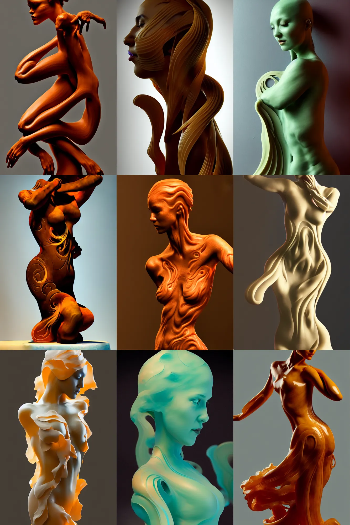 Prompt: body sculpture made of translucent wax, wooden art nouveau swirls in the background, strong subsurface scattering, subsurface scattering, in the style of ruan jia, mystical colors, dramatic lighting, trending on artstation