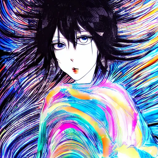 Prompt: portait of a manga girl with abstract background in the style of yoshitaka amano