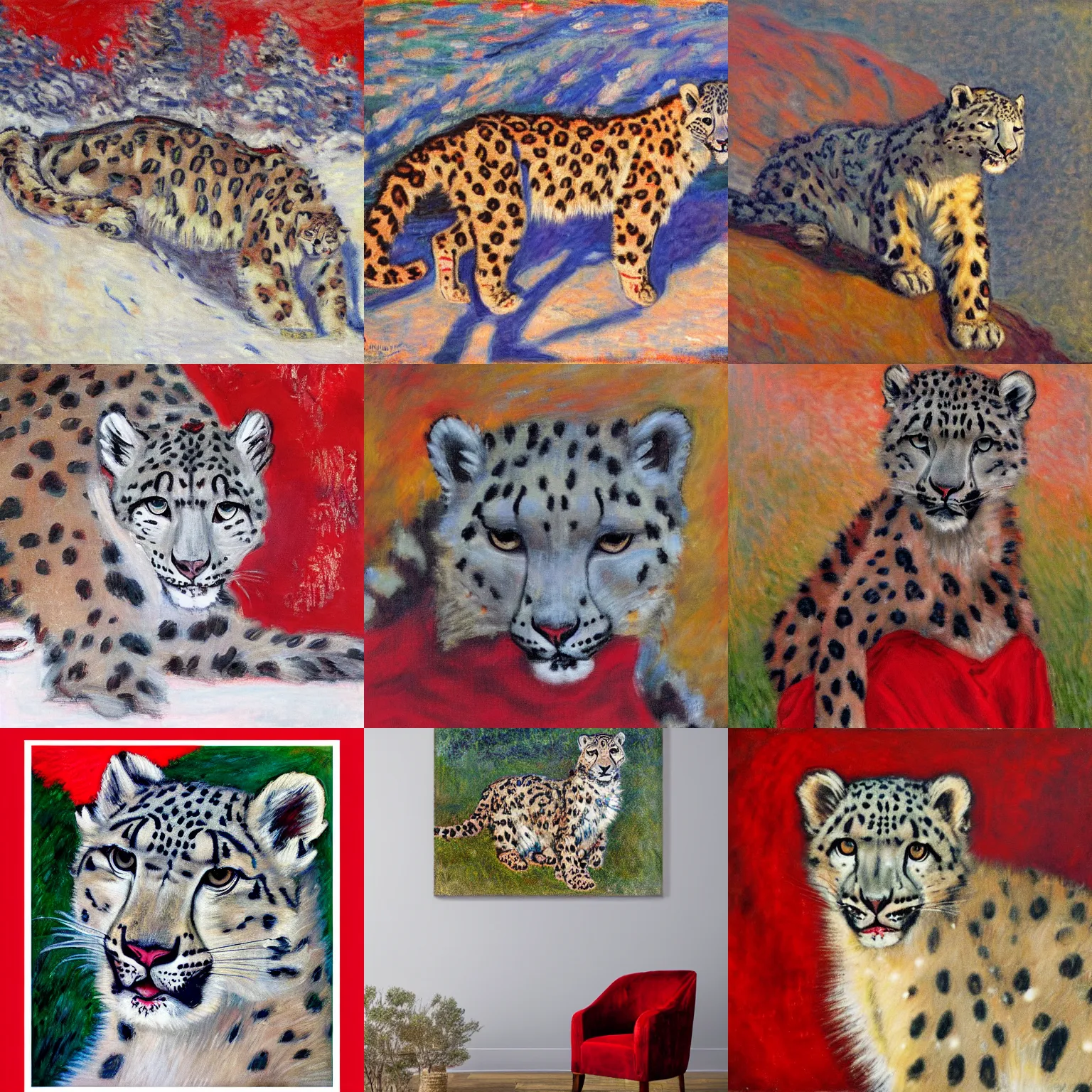 Prompt: a snow leopard wearing a formal red dress, in the style of claude monet, rule of thirds, golden lighting