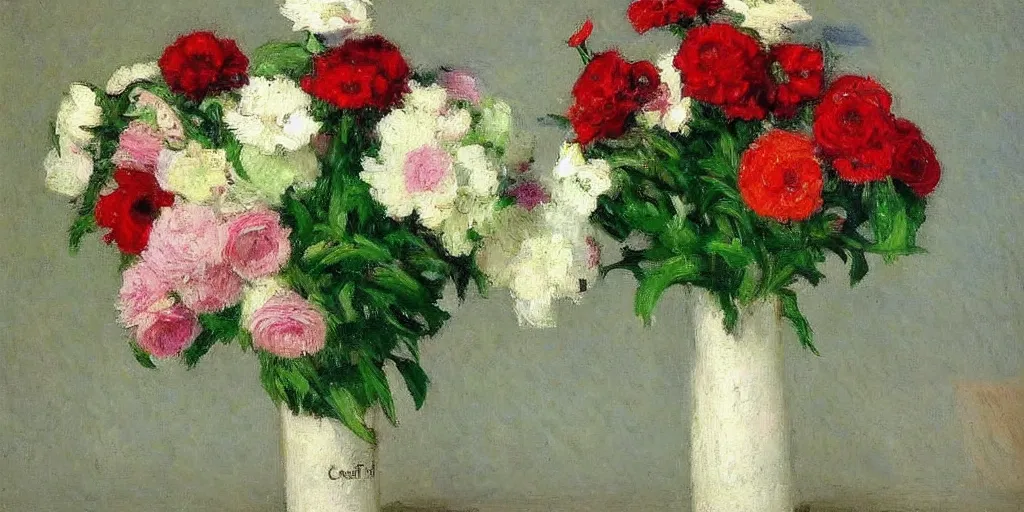 Image similar to a beautiful bouquet of flowers, oil painting, by Gustave Caillebotte, very colorful, White, vivid green & red, very detailed, artstation