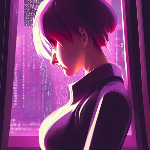 Image similar to cyberpunk anime art, refractions on lens, queen elisabeth as a beautiful cyborg girl in the style of arcane, full round face, biomechanical details, full body shot, rain, wet street, window reflections, lens flare, wlop, ilya kuvshinov, artgerm, krenz cushart, greg rutkowski