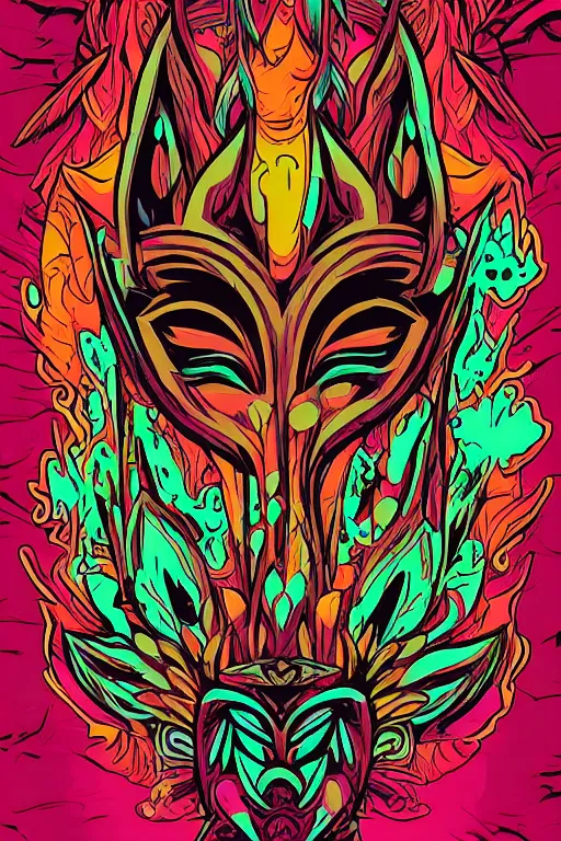 Image similar to animal mask totem roots flower tribal feather gemstone plant wood rock shaman vodoo video game vector cutout illustration vivid multicolor borderlands comics by josan gonzales and dan mumford radiating a glowing aura