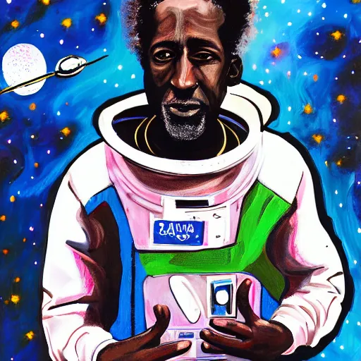 Prompt: a messy painting of Saul Williams in space.Trending on ArtStation