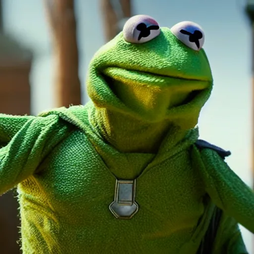 Prompt: photo of Kermit the frog as thor in averngers movie