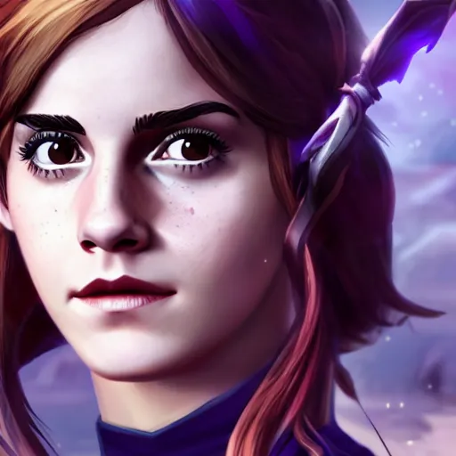 Prompt: emma watson as a character in the game league of legends, with a background based on the game league of legends, detailed face