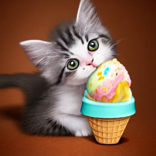 Image similar to cute kitten and puppy heads as ice cream scoops on cones, hyperrealistic, trending on artstation
