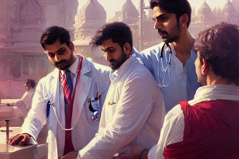 Image similar to Anxious good looking pale young Indian doctors wearing American clothes outside a hospital, portrait, elegant, intricate, digital painting, artstation, concept art, smooth, sharp focus, illustration, art by artgerm and greg rutkowski and alphonse mucha