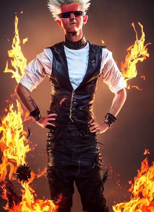 Image similar to An epic fantasy comic book style portrait painting of young man with long red spiked hair. Wearing a black waistcoat, white shirt, using googles. Blasting fire on his hands. Unreal 5, DAZ, hyperrealistic, octane render, cosplay, RPG portrait, dynamic lighting