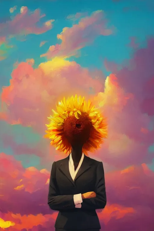 Prompt: closeup, giant flower over head, black woman in suit, surreal photography, golden hour, colorful clouds, impressionist painting, digital painting, artstation, simon stalenhag