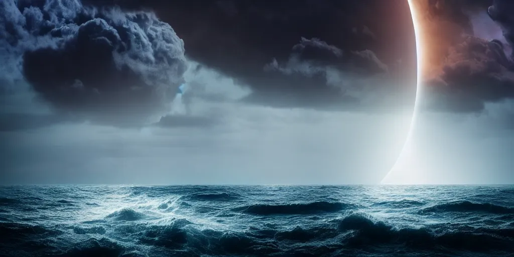 Prompt: the ocean, path through the ocean, wall of water either side, biblical, moses, during lunar eclipse, by stephen king, storm of all storms, end of the world, nature, cinematic, hyperrealistic, evil, dark, cgsociety, 8 k