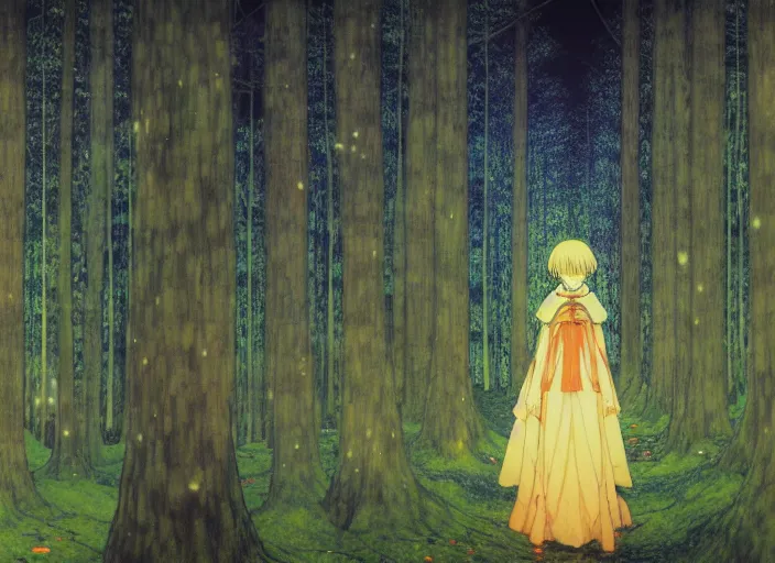 Prompt: a walk in the forest, mysticism, magic, dark, digital, concept art, Kyoto animation,last exile, blue submarine no. 6, katsura masakazu,tsutomu nihei gustav klimt,loish, murata range, kawaii, studio lighting, manga, bright colors, anime,, beautiful, 35mm lens,noir, vibrant high contrast, gradation, jean giraud, moebius, fantasy, rule of thirds, unreal engine, fibonacci, intricate, cel shaded, blender npr, flat, matte print, smooth, Ilya Kuvshinov