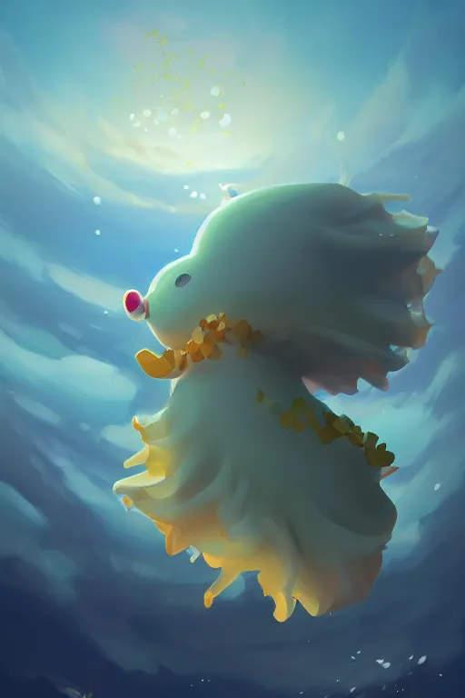 Prompt: a very cute sea slug with flying petals of gold, by rhads, makoto shinkai and lois van baarle, johannes voss, low angle fisheye view, eerie night mist sky whith plump white clouds, elegant, highly detailed, artstation, 8 k, unreal engine, hdr, concept art, volumetric lighting matte