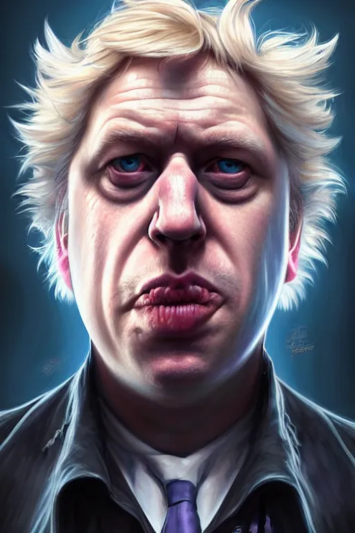 Image similar to Boris Johnson as Rick Sanchez, realistic portrait, symmetrical, highly detailed, digital painting, artstation, concept art, smooth, sharp focus, illustration, cinematic lighting, art by artgerm and greg rutkowski and alphonse mucha