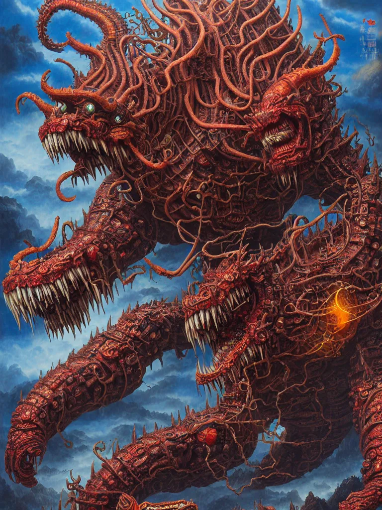 Prompt: realistic detailed image of Technological Nightmare Abomination Monster God by Hou Yimin, Dan Howard, Allan Houser, Alice Hunt and Peter Hurd, Neo-Pagan, rich deep colors. Painting by Byun Shi Ji and Jiang Feng masterpiece