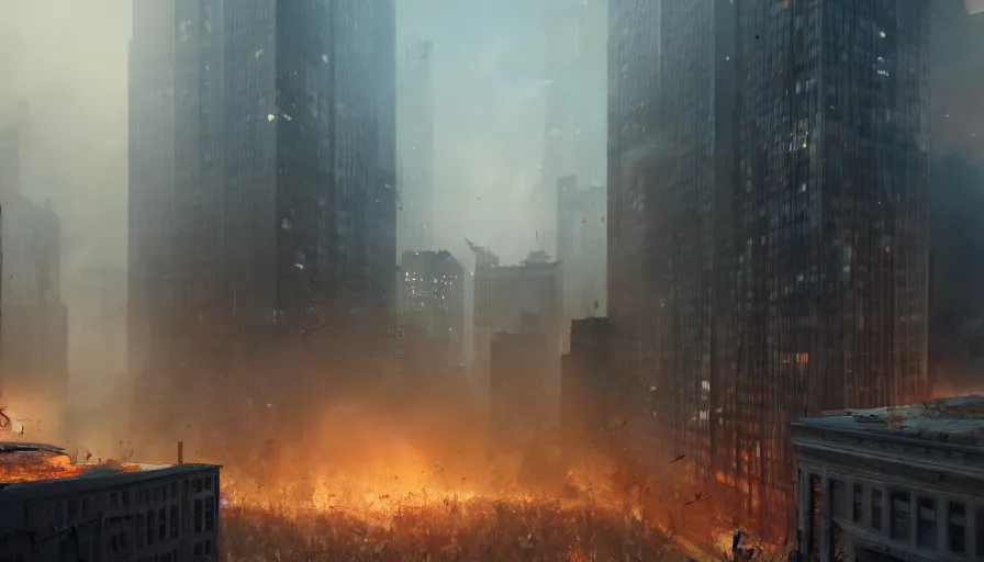 Image similar to Movie scene of people watching buildings collapsing in Chicago, lot of dust and fire, hyperdetailed, artstation, cgsociety, 8k