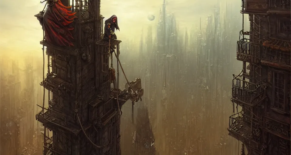 Image similar to landscape painting of a hooded thief in leathers using a rope to climb a tall metal steampunk buildings with a fantasy city, fine details, andreas rocha, magali villeneuve, artgerm, rutkowski