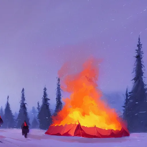 Image similar to a camp with tents on fire, burning down, shadows of 3 girls watching the camp burn, snow, dusk, painted by Sylvain Sarrailh, trending on Artstation