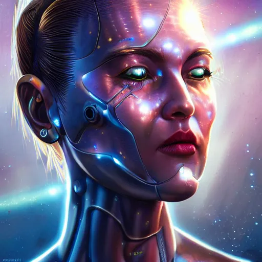 Image similar to cyborg sweating, big drops of sweat, forehead only, by Hajime Sorayama, airbrush art, beautiful face, highly realistic, star flares, trending on artstation, beautiful lighting, sharp, details, hyper-detailed, HD, HDR, 4K, 8K