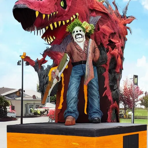 Image similar to parade float for leatherface, bright colors, realistic photography, high detailed