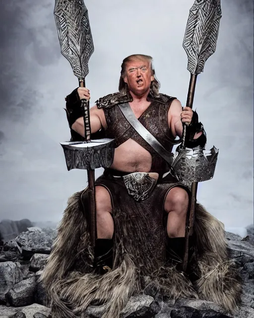 Prompt: donald trump as king conan, directed by john millius, photorealistic, sitting on a metal throne, wearing ancient cimmerian armor, a battle axe to his side, he has a beard and graying hair, cinematic photoshoot in the style of annie leibovitz, studio lighting