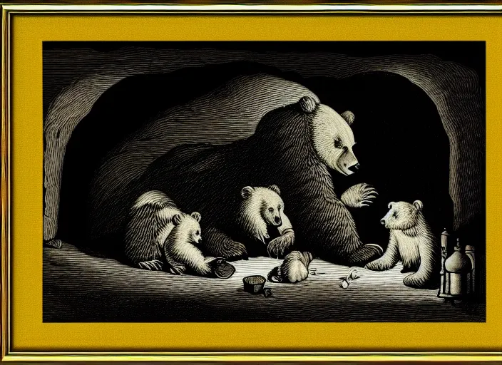 Image similar to Pieter Claesz's 'a bear and her cubs sleeping in a dark cave, lit by hole in roof', night time, cross hatching, framed, monochrome, yellow