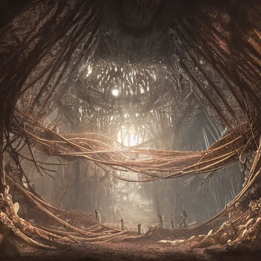 Image similar to biocomputer organs inside a bioneural antique lace in a biomechanical cave forest, epic environment, matte painting, diffused lighting, highly detailed cinematic, epic atmosphere, diffused lighting, highly detailed digital art, trending on artstation, depth of field, wide angle