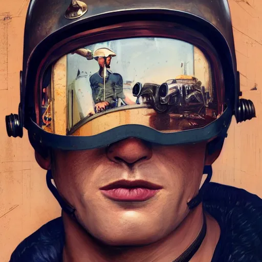 Image similar to a portrait of 1 9 2 0 man in a vintage racing helmet by sandra chevrier, detailed render, epic composition, cybernetics, 4 k realistic, cryengine, realistic shaded lighting, sharp focus, masterpiece, by matteo scalera, gary montalbano, peter elson in the style of the tokyo ghost comic