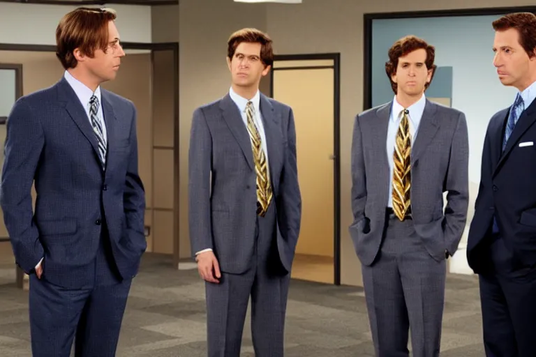 Prompt: anthropomorphic shark businessmen in snakeskin business suits in the show the office