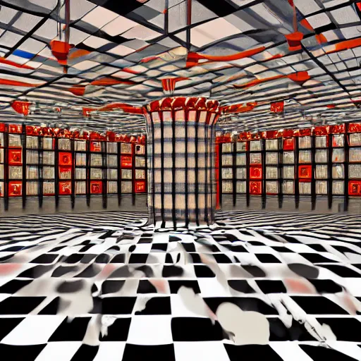 Image similar to nightcafe in hell, spiraling high, checkerboard walls, jonic pillars, hyperrealistic