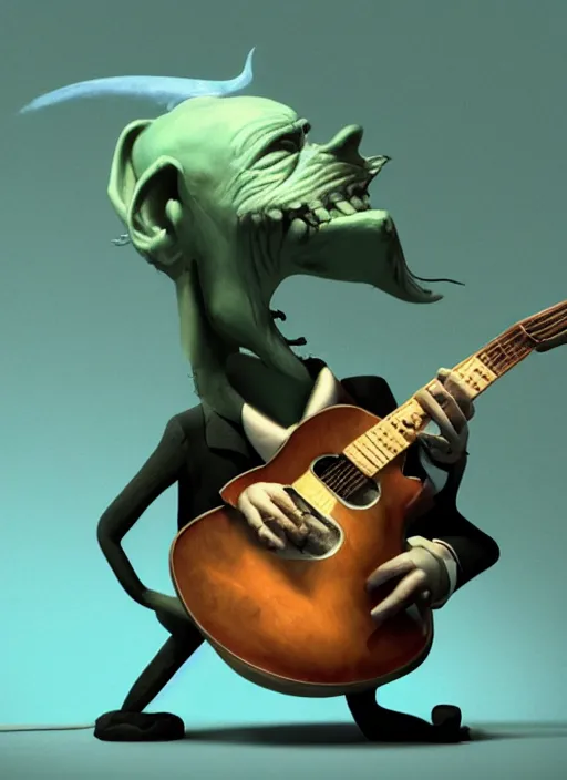 Prompt: a cute sharply dressed goblin playing the blues on an old guitar, in the style of boris valejo and man ray, fantastic, dramatic lighting, smoke, mist, forest, hyperrealistic, detailed, octane render
