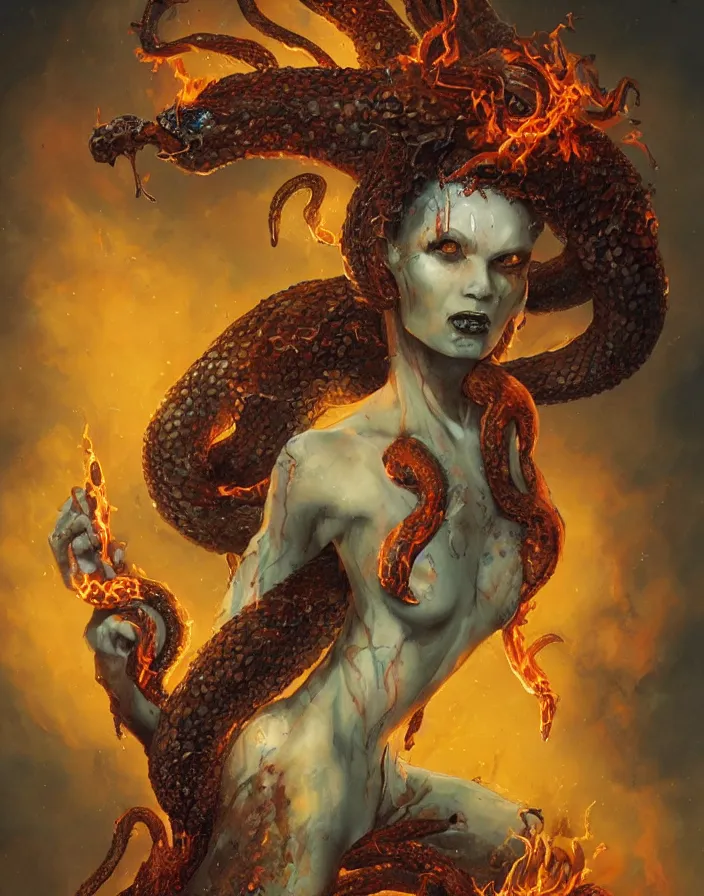 Image similar to a splatterpunk pose of a gorgon woman with flaming snakes for hair staring into a volcano, hyperrealistic, award-winning, in the style of Tom Bagshaw, Cedric Peyravernay, Peter Mohrbacher