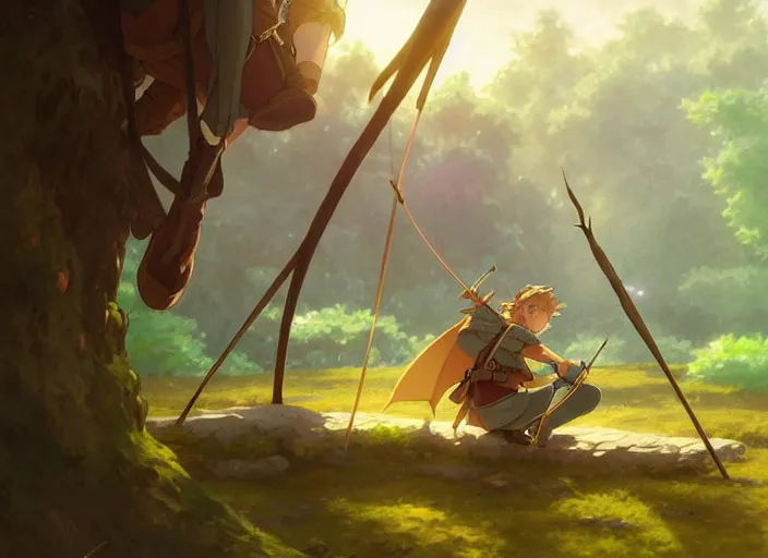 Image similar to cinematic full anime portrait of link from zelda resting with his bow at his tent. intricate, elegant, highly detailed, digital art, artstation, concept art, smooth, sharp focus, illustration, by stanley artgerm, greg rutkowski, studio ghibli, alphonse mucha, norman rockwell 8 k
