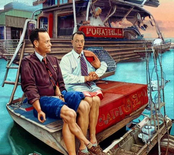 Image similar to Tom hanks as forrest gump sitting in a giant shrimp boat, majestic beautiful world, digital art, amazing detail, artstation, in the style of norman rockwell