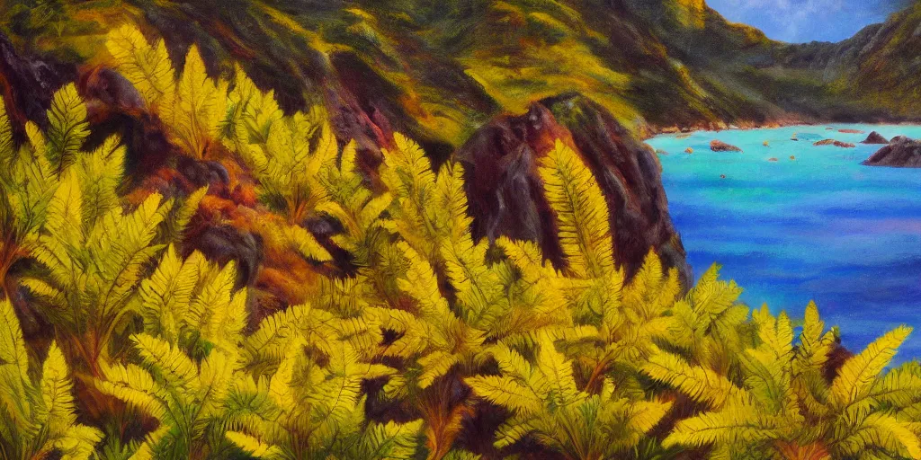 Image similar to golden bay new zealand, abel tasman, native NZ bush ferns, colorful oil painting, trending on artstation