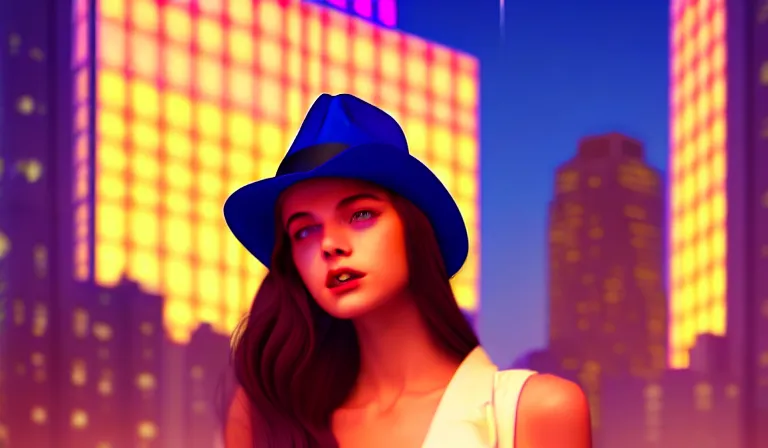 Prompt: a beautiful and immaculate young teenager girl with fedora hat. synthwave, night time, detailed. trending on artstation. recommended for you behance. by chris moore. by edward hopper., beeple colors, metropolis filmic. gotham city.